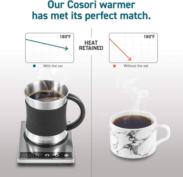 Coffee Mug Warmer & Mug Set for Desk, Cup Heater, Office & Christmas Gifts, 1°F Precise Temperature Control, Touch Tech & LCD Digital Display (77-194℉), 304 Stainless Steel, Silver/Black - Image 2