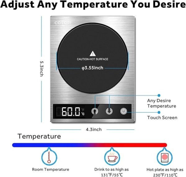 Coffee Mug Warmer & Mug Set for Desk, Cup Heater, Office & Christmas Gifts, 1°F Precise Temperature Control, Touch Tech & LCD Digital Display (77-194℉), 304 Stainless Steel, Silver/Black - Image 4
