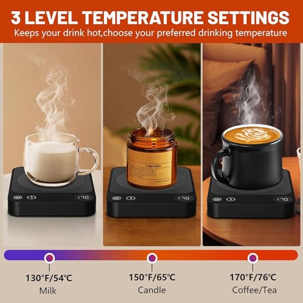 Mug Warmer, Coffee Warmer with 3 Temperature Settings, Auto Shut On/Off Coffee Mug Warmer, Coffee Cup Warmer with 2-12H Timer, Coffee Warmer for Desk/Home/Office, Cup Warmer for Milk/Coffee/Tea, Black - Image 5