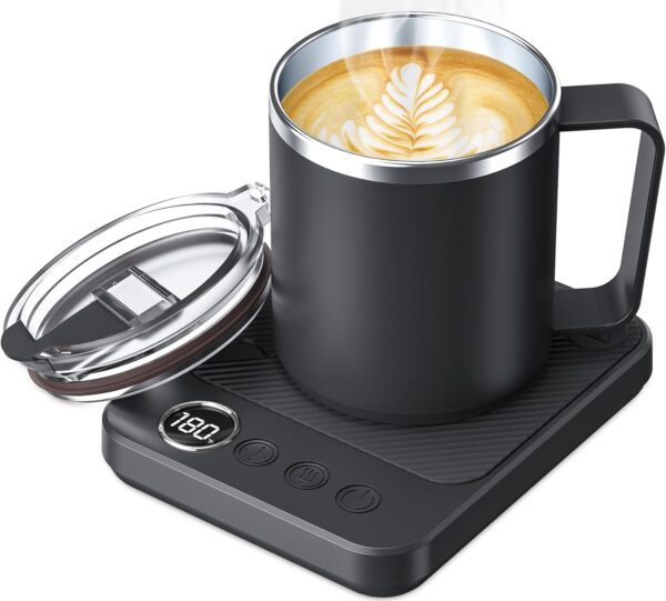 Coffee Mug Warmer & Mug Set for Desk, Cup Heater, Office & Christmas Gifts, 1°F Precise Temperature Control, Touch Tech & LCD Digital Display (77-194℉), 304 Stainless Steel, Silver/Black